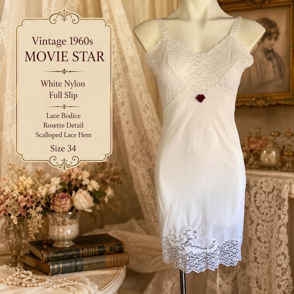 Vintage 1960s Movie Star White Nylon Full Slip Lace Bodice Rosette Scalloped 34